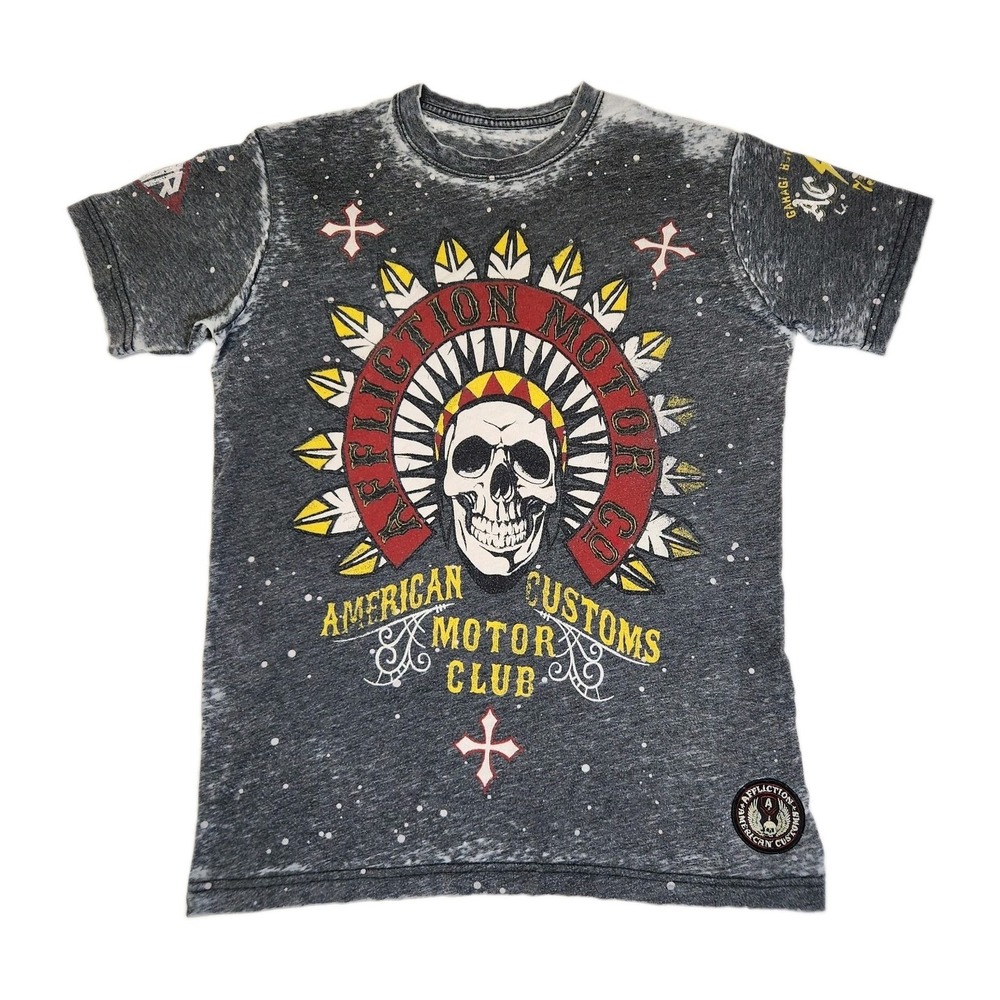 Affliction American Customs Motor Co 1973 Skull T Shirt Men's M Double Sided